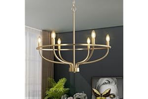 FookChak 6 Light Gold Chandelier, Brushed Gold Light Fixture Dining Table Candle Brass Chandelier Lighting for Bedroom Hallway Entryway Living Room Kitchen 29in Brushed Brass Chandeliers