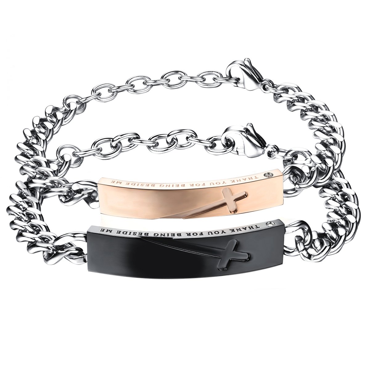 Cupimatch 2PCS Stainless Steel Rhinestone Thank You for Being Beside me Identification Link Chain Couples Bracelet for Men Women