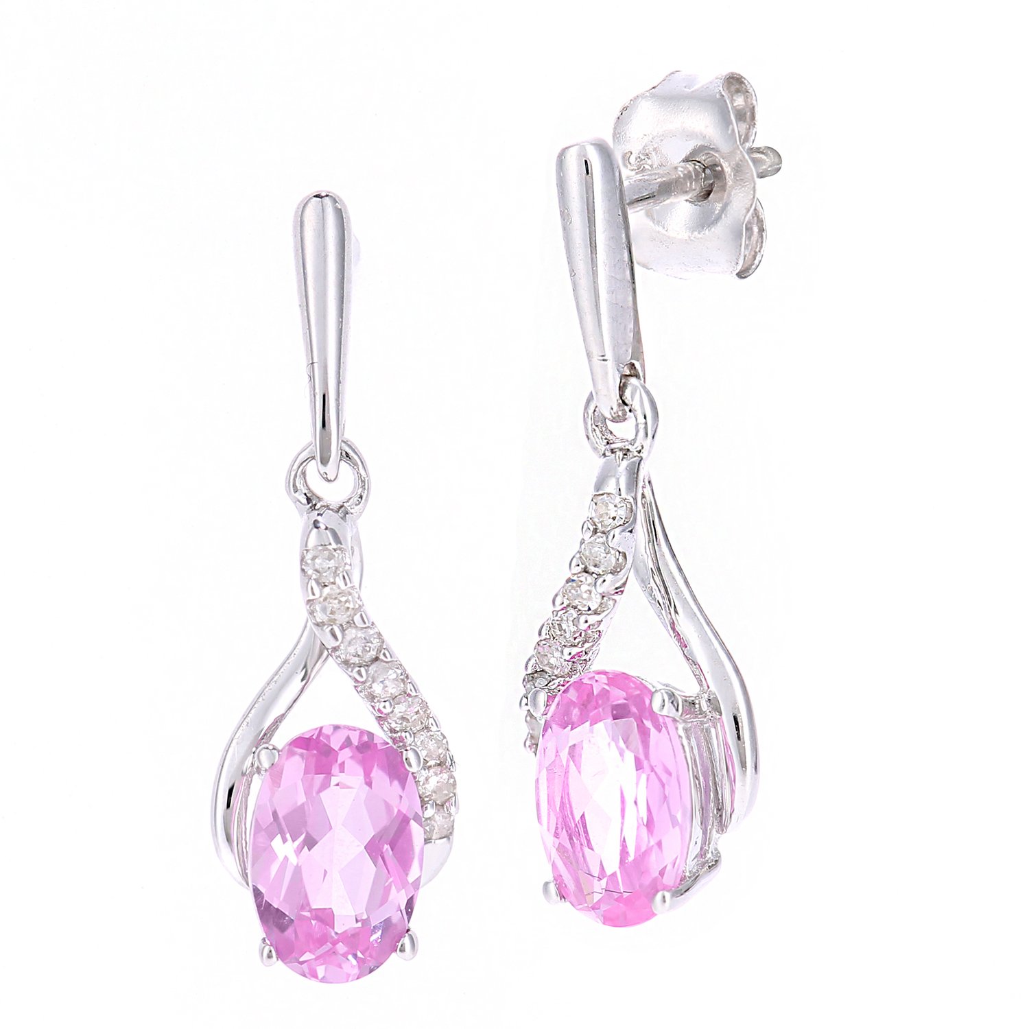 Naava 9ct White Gold Oval Pink Sapphire and Diamond Twist Drop Earrings of 46cm