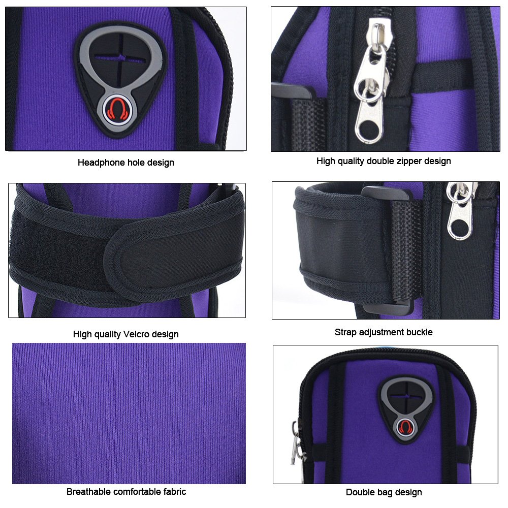 Sports Armband By Guardians Double Pockets Outdoor Arm Bag Pouch universal Case for iPhone 6 plus 6s 7 7plus and less than 5.9 inches cell phones (Purple)