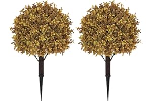 BINNNY FLOWER 24" Tall Artificial Boxwood Ball Fall Topiary Trees Set of 2, UV Resistant Large Faux Plants Outdoor, 2ft Fake Bushes and Shrubs Look Real with Stake for Front Porch Outside Planter Backyard Decor