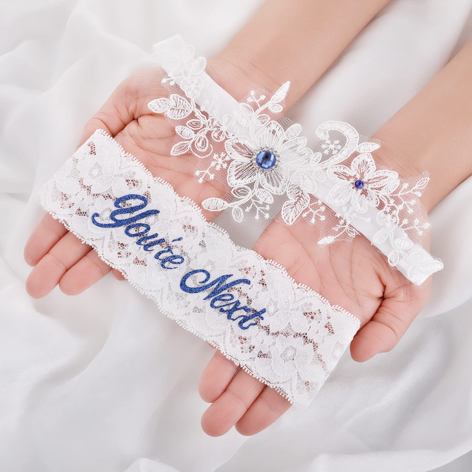 Lusofie 2Pcs Bridal Wedding Garter Rhinestones Blue Wedding Garter for Bride White Lace Floral You're Next Garters for Bride Women