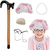 Old Lady Wig Costume for Kids, Grandma 100 Days of School Wigs Set with White Wig, Hair Cap, Pearl Necklace, Cane, Glasses, Eyeglass Retainer Chain, Cosplay Dress up