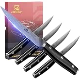 Piklohas Steak Knives Set of 4, 4.6 Inch Non Serrated Dinner Knife | Forged German Steel Damascus Pattern Straight Edge Meat Knife with Full Tang Handle, Dishwasher Safe, Ideal for Gift