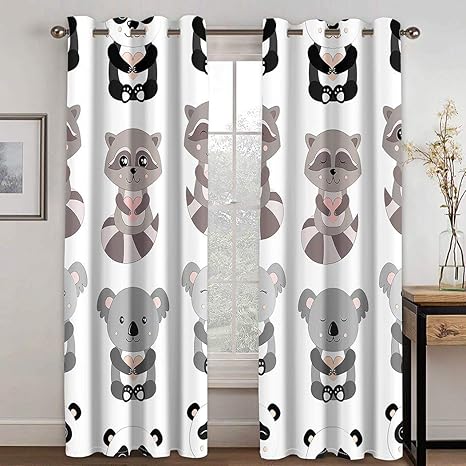 Amazon Co Jp 白い カーテン 目隠し アライグマコアラパンダ動物アート赤ちゃんクマの漫画のキャラクター陽気です 寝室のリビングルームの窓用防音遮光カーテン2ドレープセット 274x23 Cm ホーム キッチン