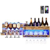 Homde Wine Rack Wall Mounted: Alcohol Shelf with 4-Bottle Liquor Dispenser | Wooden Whiskey Display with 6 Stemware Holders - Rustic Wine Storage for Home Bar Kitchen Decor - with LED Light