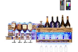 Homde Wine Rack with LED Light Wall Mounted Wood Wine Shelf with Bottle Stemware Glass Holder Rustic Wine Display Storage Rack with 4-Bottle Liquor Dispenser for Home Bar Kitchen Decor