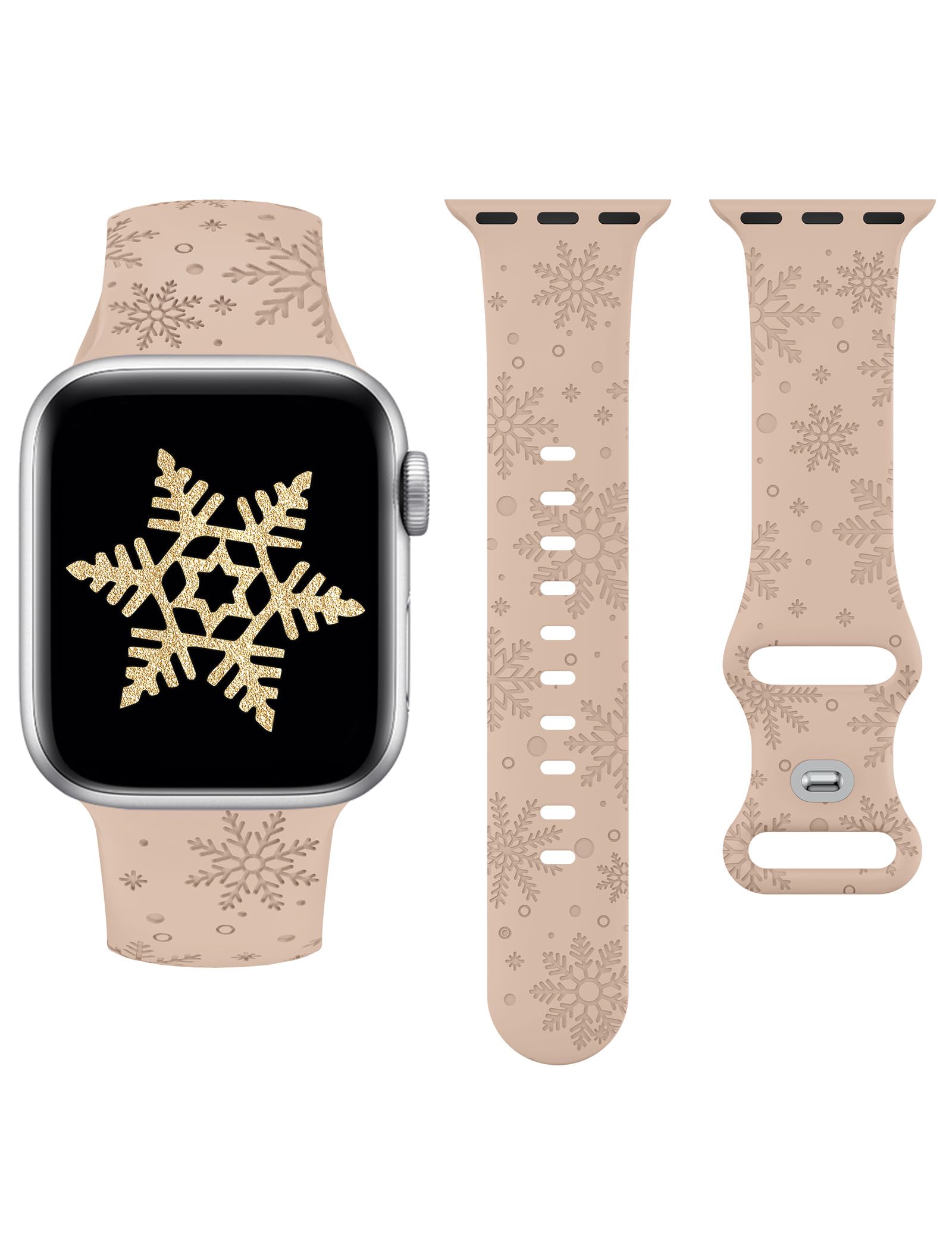 Photo 1 of Christmas Snowflakes Engraved Watch Band Compatible with Apple Watch Band 38mm Cute Strap Wristband Soft Silicone Sport Band for Women, 40/41/42mm Series 11/10/9/8/7/6/5/4/3/2/1/SE Milk Tea