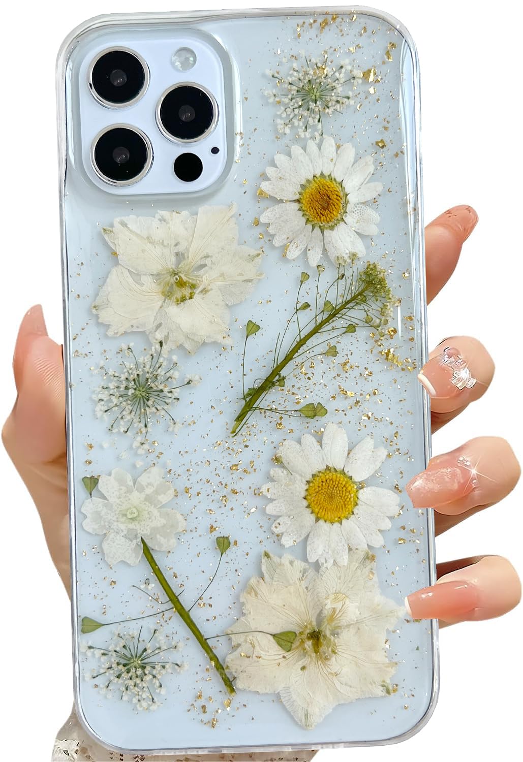 Photo 1 of LSEEKA for iPhone 12 Pro Max Clear Case with Pressed Real Flowers Design,Glitter Cute White Floral Pattern Slim Soft TPU Protective Women Girl's Phone Cover for iPhone 12 Pro Max