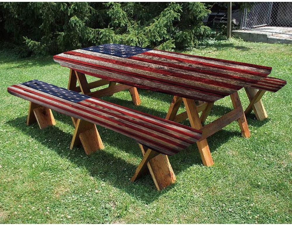 72" Polyester Picnic Table and Bench Fitted Tablecloth,Fourth of July Independence Day Weathered Retro Wood Wall Looking Country Emblem 3-Piece Elastic Edged Table Cover for Christmas,Parties,Picnic: Home & Kitchen
