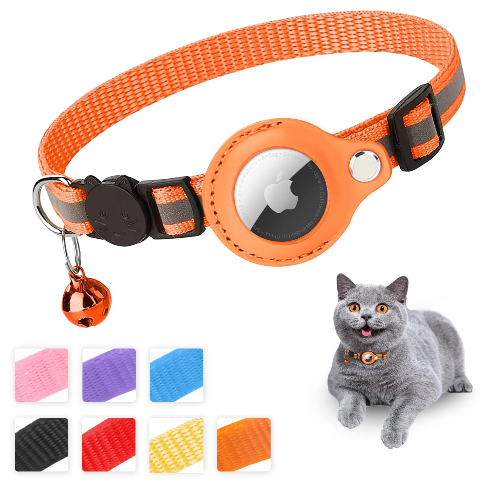 Mouyou Airtag Cat Collar, Airtag Collar Cat Soft Nylon Reflective with Bell and Safety Clasp, Tracking Cat Collar with Holder, Airtag Case, Adjustable from 22-39 cm, Orange