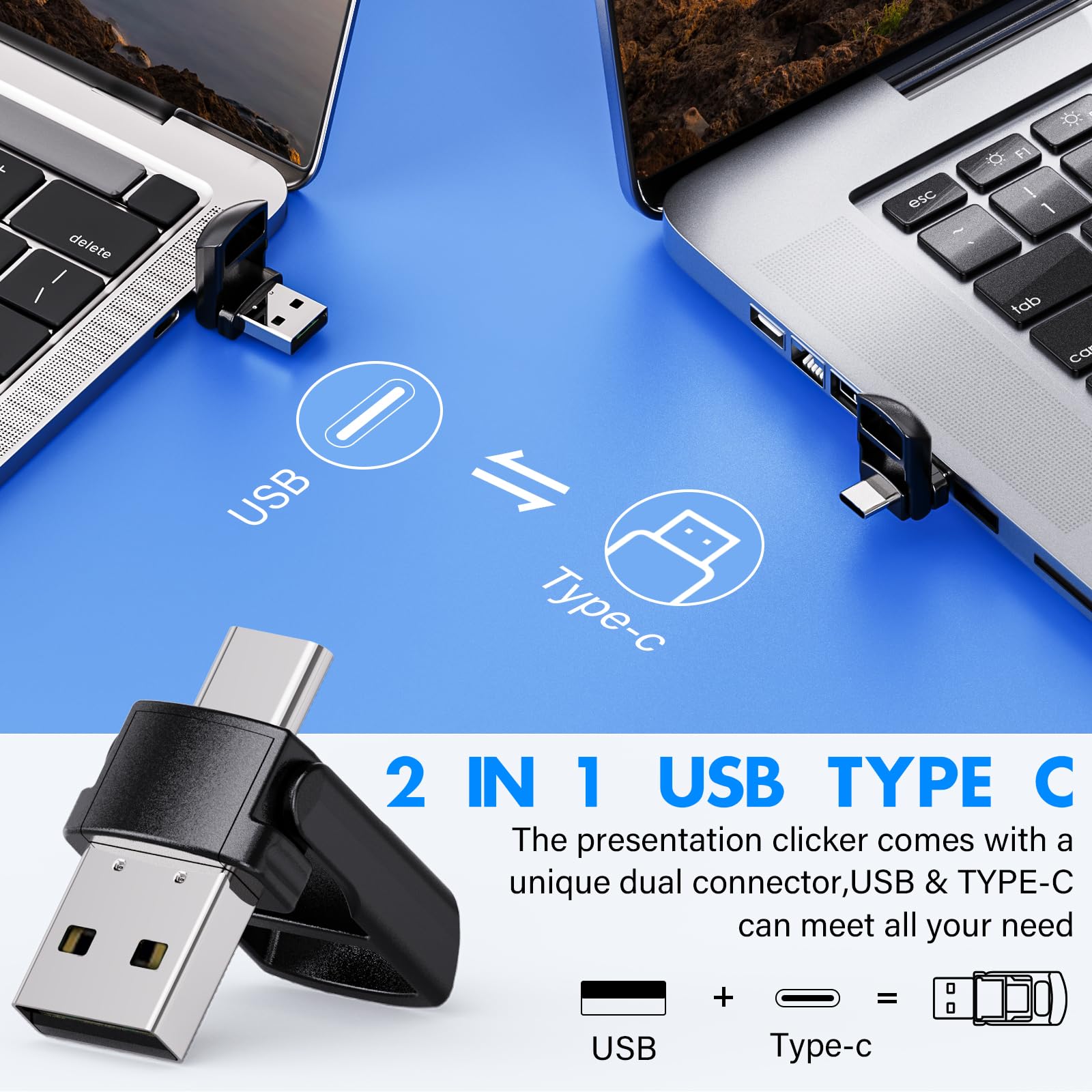 NinjaABXY Presentation Clicker with 2-in-1 USB Type C, Wireless Presenter Remote Clicker for PowerPoint Presentations, Pointer RF 2.4GHz USB PowerPoint Clicker Slide Advancer with Volume Control