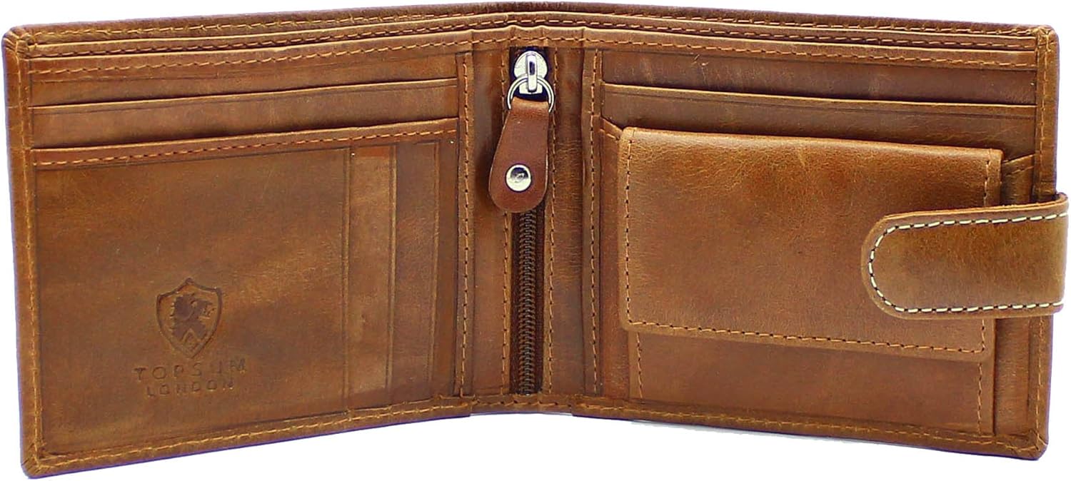 TOPSUM LONDON Mens RFID Blocking Bifold Wallet, Distressed Genuine Leather Coin & Card Holder, Vintage Handcrafted Design - Image 4
