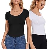 LUYAA Women's Deep V Neck Short Sleeve T Shirts Curved Hem Trendy Summer Going Out 1/2/3 Pack Tops XS-XL