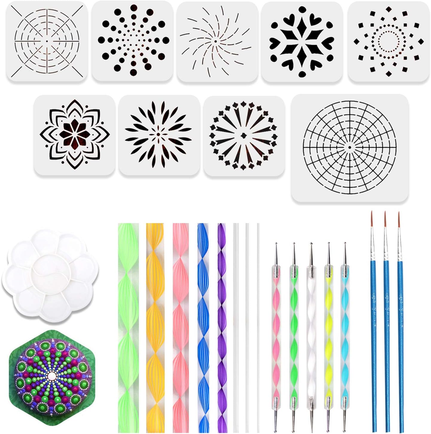 26pcs Mandala Dotting Tools for Rock Painting, Coloring with 9 Mandala Dotting Stencils, 8 Acrylic Sticks, 5 Double Sided Dotting Tools, 3 Brushes and 1 Paint Tray