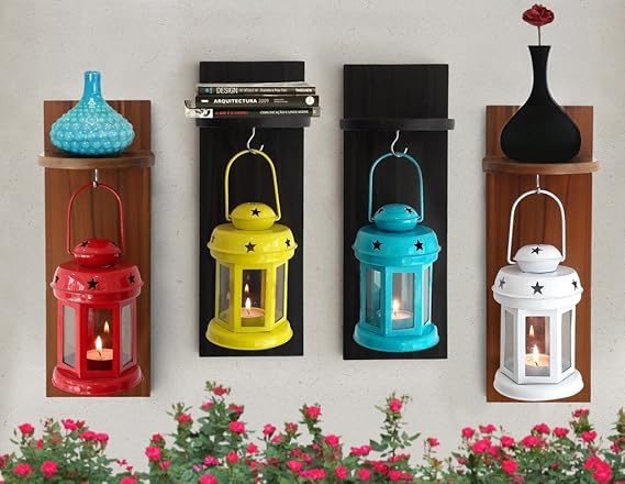 Tied Ribbons Home Decor Handicrafted Lantern Tea Light Holder with Wooden Shelve Set of 4 | tealight Wall Decor | House Warming Party Gifts | Home Decor Hanging Items in Living Room