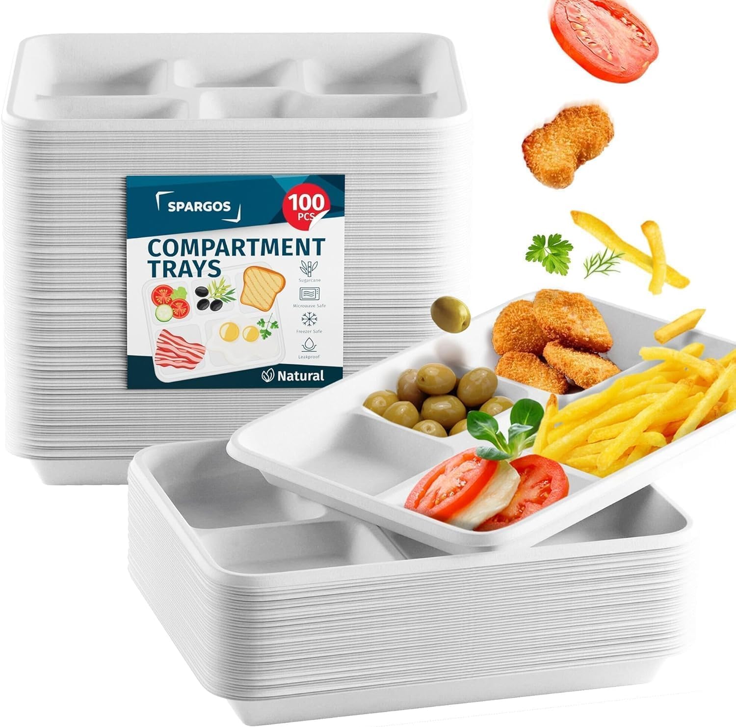 Photo 1 of 5 Compartment Plates Disposable Heavy Duty (100 Pack) Trays 12.5" x 8.6" - Sugarcane School Trays - Disposable Plates with Compartments Sectioned - Environmentally-Friendly Paper Dividers