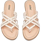 Veittes Women's Flat Slide Sandals,Casual Multiple Straps T-Straps Slip on Flat Summer Thong Sandals
