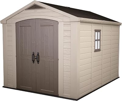 Keter Factor 8x11 Resin Shed Wood Texture Window Lockable Pad Extended Roof