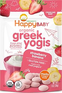 HAPPY BABY Greek Yogis, Strawberry & Banana, 1oz Pouch (8 Pack) | USDA Organic Baby Snack, Made with Real Fruit and Greek Yog