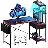 Bestier Gaming Desk with Drawer, 44 Inch Small Computer Desk with PC Shelf, Gaming Table with LED Lights for Small Spaces, Reversible Gamer Desk with Storage Bag & Side Hook, Black-RED