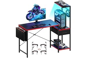 Bestier Gaming Desk with Drawer, 44 Inch Small Computer Desk with PC Shelf, Gaming Table with LED Lights for Small Spaces, Reversible Gamer Desk with Storage Bag & Side Hook, Black-RED