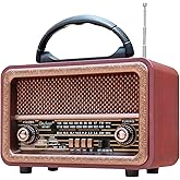Oncheer AM/FM/SW 3-Band Portable Radio: Wooden Retro Vintage Radios, Rechargeable Battery Operated, Handheld, for Outdoor Picnic Beach Camping, Supports Bluetooth TF Card USB MP3 Player