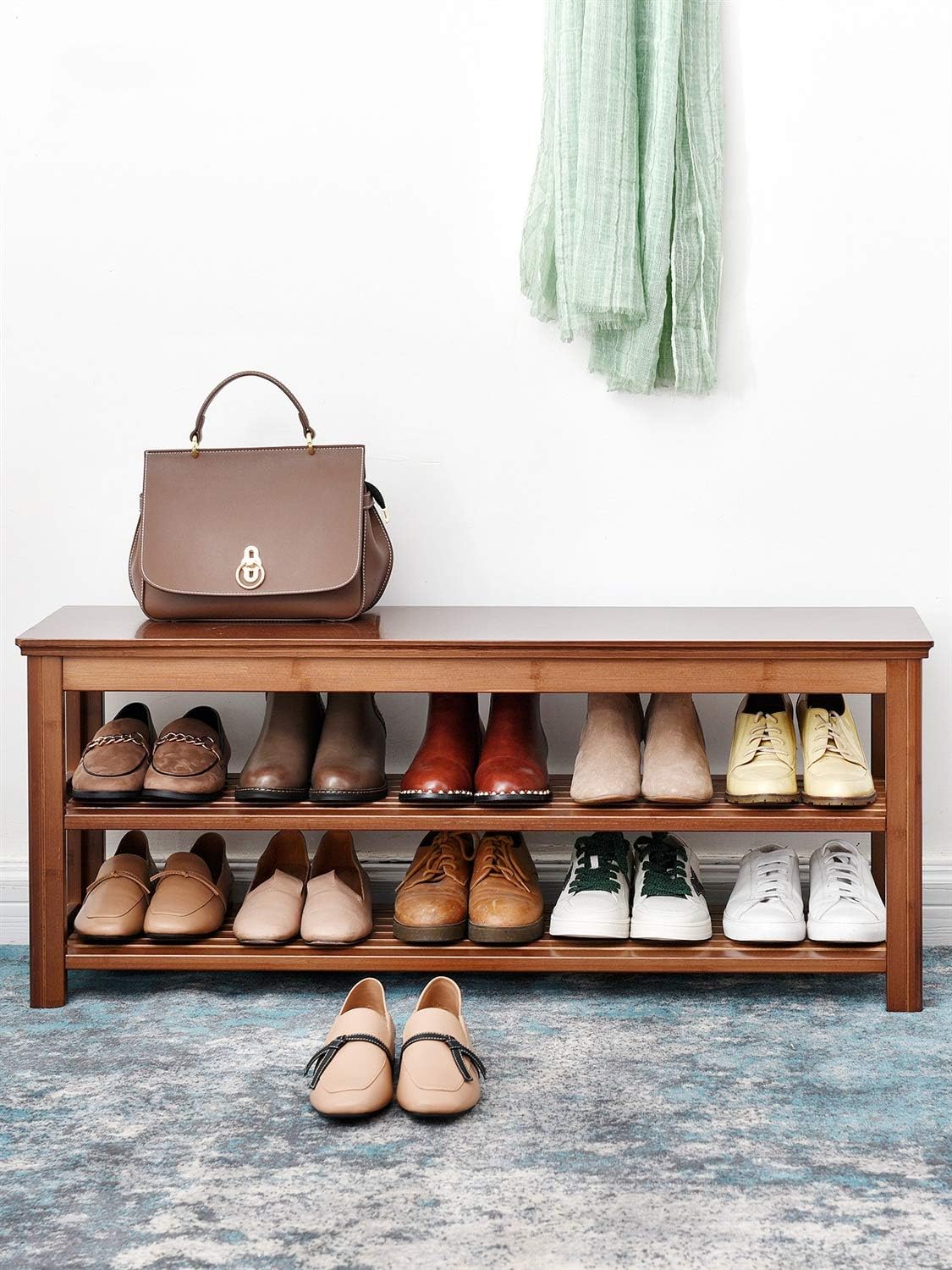 bamboo shoe rack amazon on Amazon Com Change Shoe Bench Natural Bamboo Shoe Rack Bench 3 Tier Shoe Organizer Entryway Seat Storage Shelf Storage Benches Simple Storage Shelf Size 100cm Furniture Decor