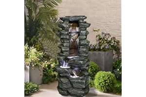 watnature Rockery Shower Outdoor Fountain - 31 2/10” H Showering Garden Waterfall Fountain with LED Lights, Stone-Liking Natural Looking Resin Indoor Outdoor Fountains for Patio, Garden, House&Office