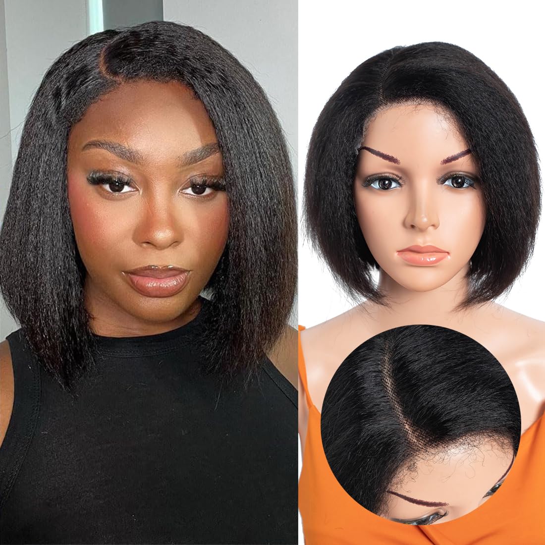 8 Inch Yaki Straight Glueless Wigs 5" Lace Human Hair Pre-Cut/Plucked Undetectable HD Lace Wig Ready to Go Lace Bob Wig Kinky Straight 150 Density Natural Black Color
