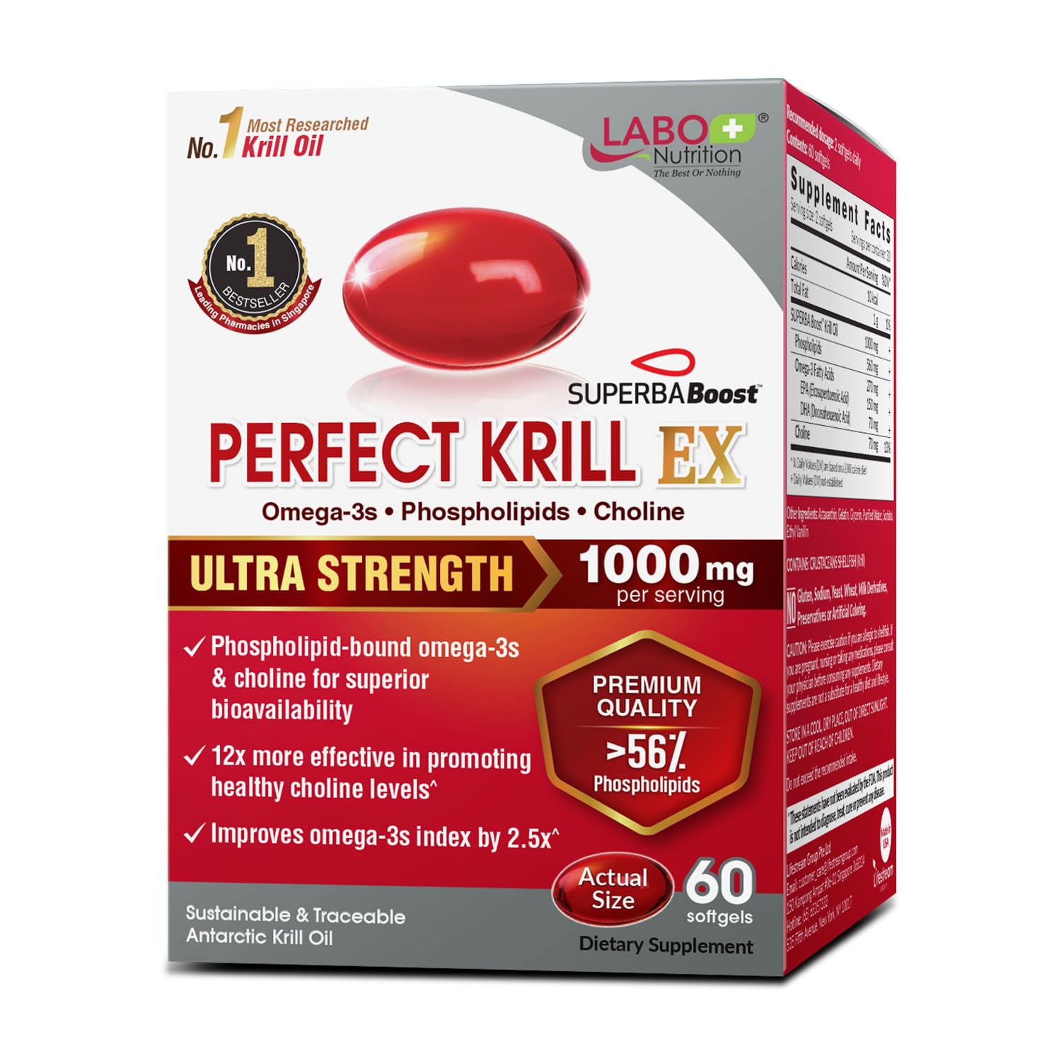 LABO Nutrition Perfect Krill EX, The Purest Ultra Strength Antarctic Krill Oil, Highest Phospholipids (>56%), with Choline & Astaxanthin, Omega 3, Heart & Joint Support, 100% Made in USA, 60 softgel