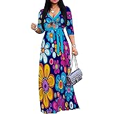 Sekuhu Women's Maxi Dress 3/4 Sleeve Wrap Casual V Neck Floral Print with Belt