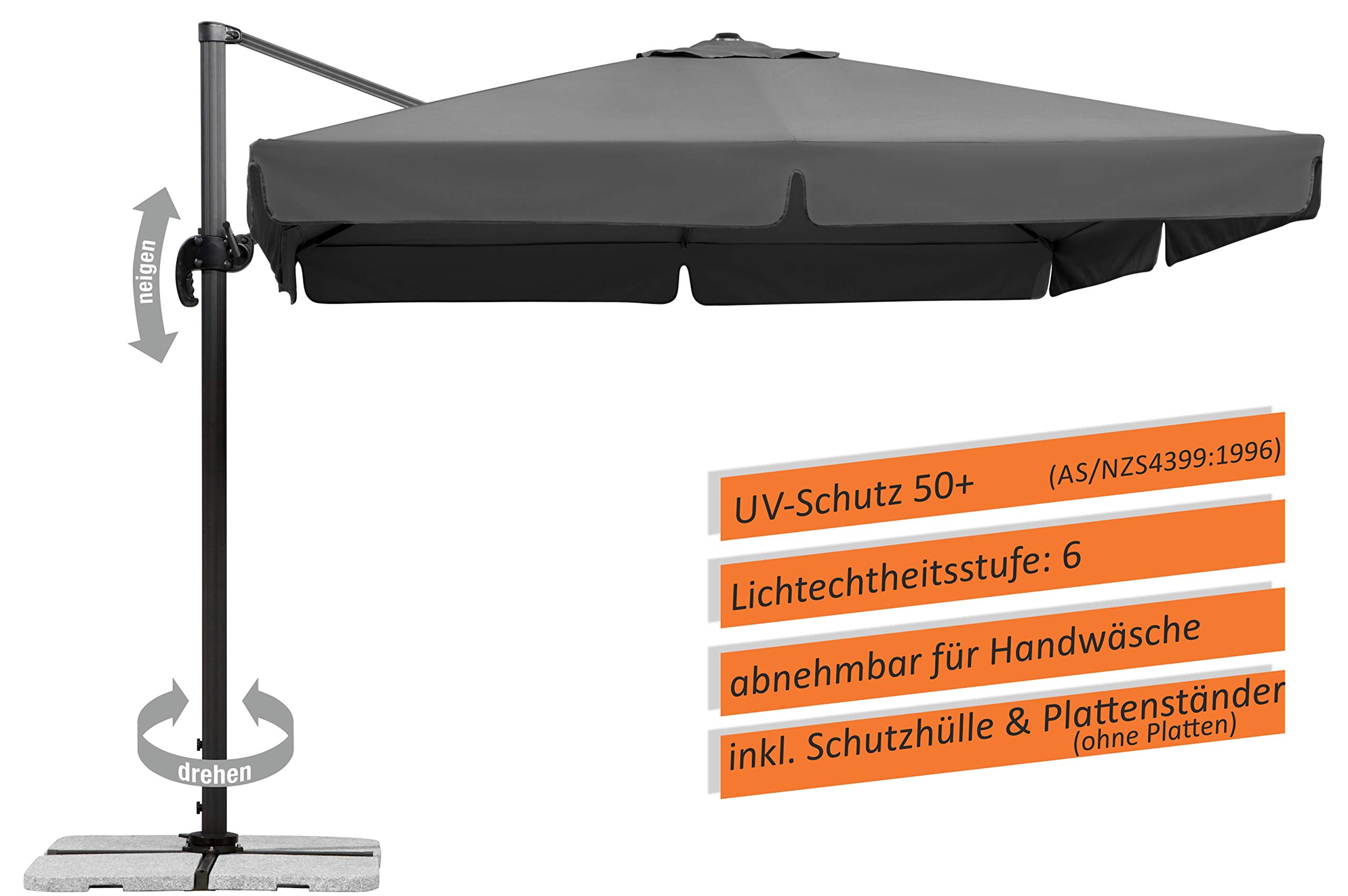 Schneider Sonnenschirm Rhodos, anthrazit, 300 x 300 cm quadratisch, 782-15, Gestell Alu/Stahl, Bespannung Polyester, 24 kg, Anthrazit 2