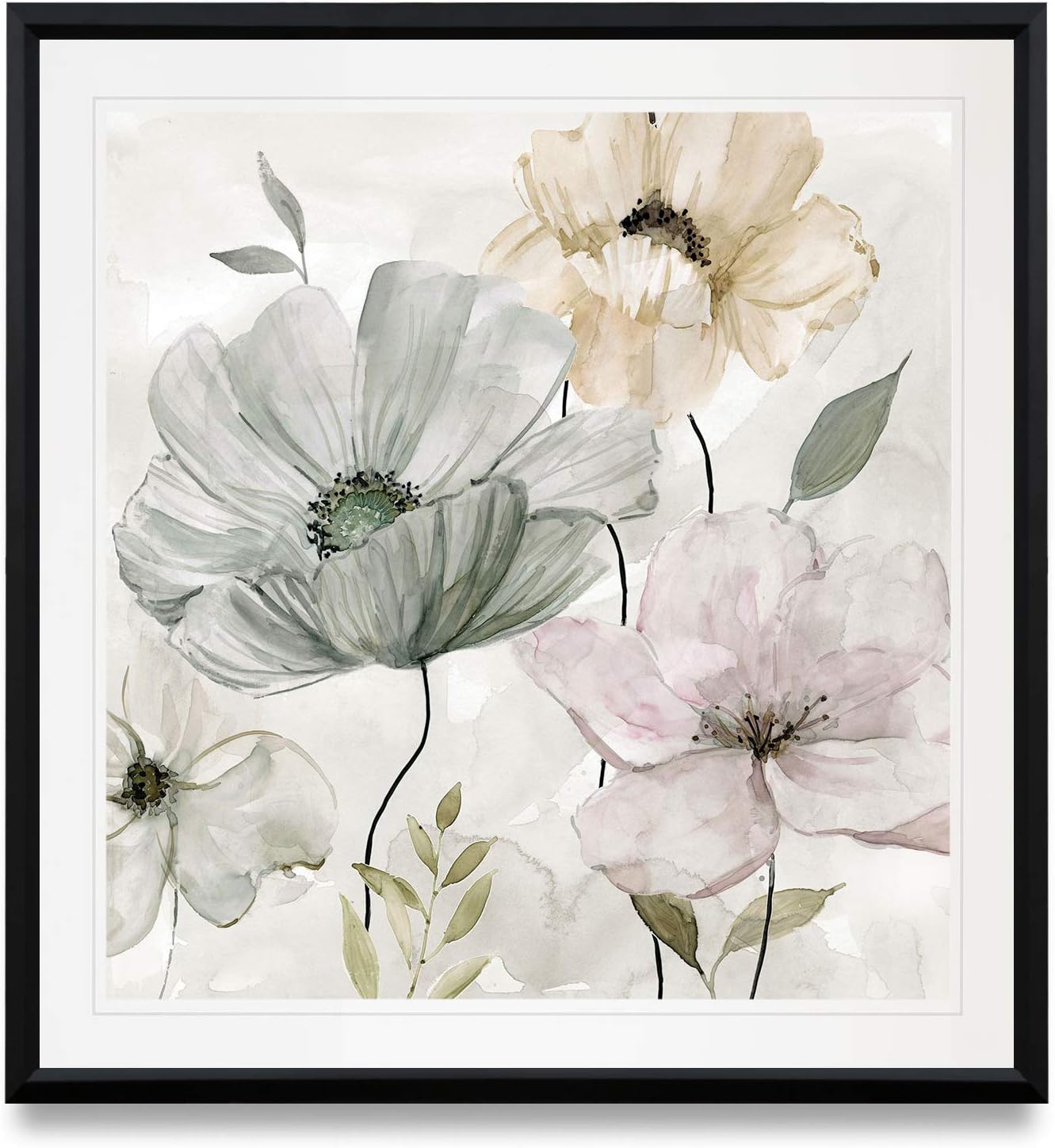 WEXFORD HOME Garden Grays Detail II Poppy Clematis Flowers Art Framed Landscape Painting Giclee Canvas Prints Home Wall Decor, 16 x 16