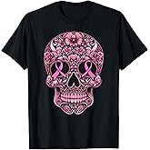 Sugar Skull Pink Ribbon Calavera Breast Cancer Awareness T-Shirt