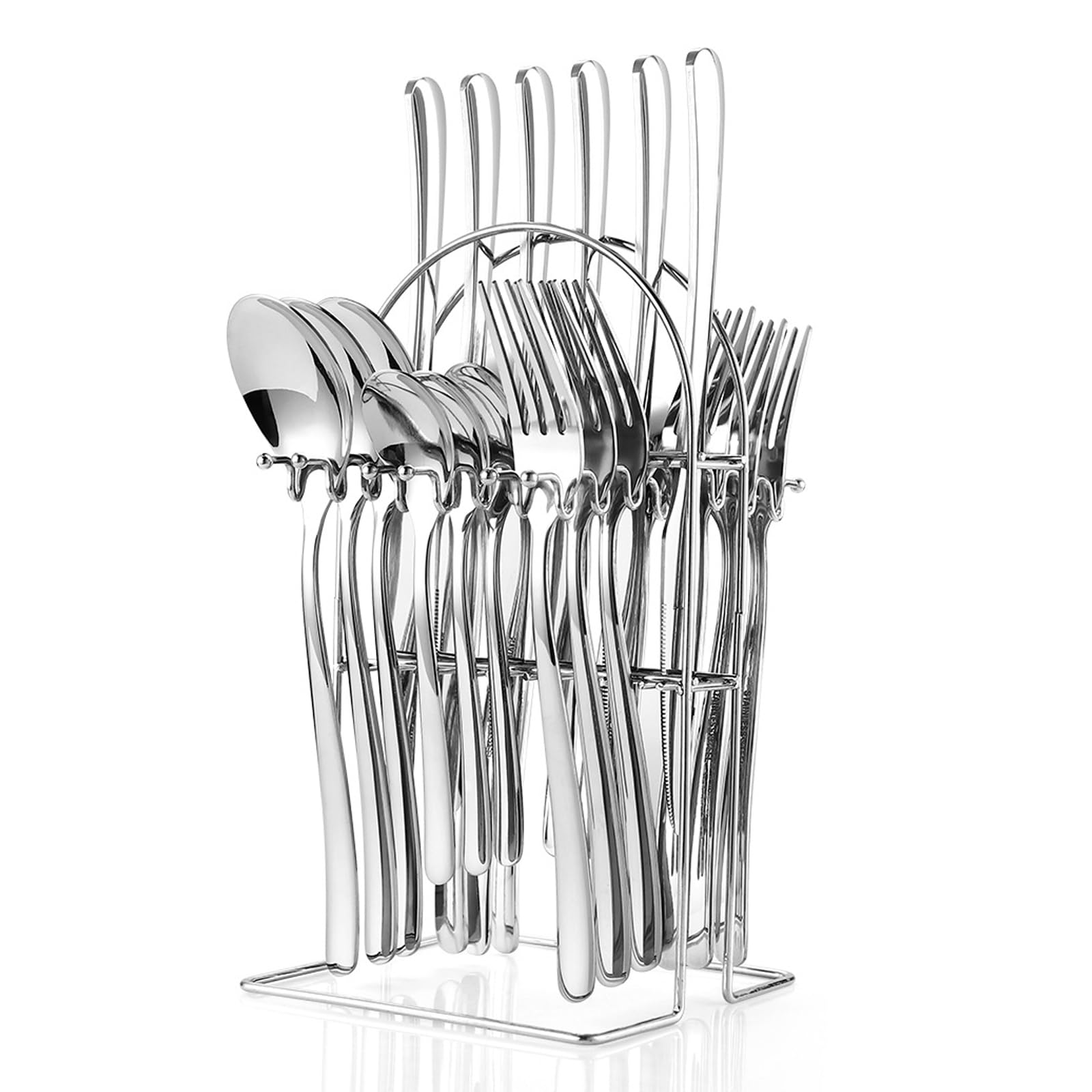 Photo 1 of 24 Pieces Flatware Set, Stainless Steel Cutlery Set with Silverware Holder, Spoons Forks Knives Set,Hanging Silverware Set Service for 6,Dishwasher Safe (Silver)