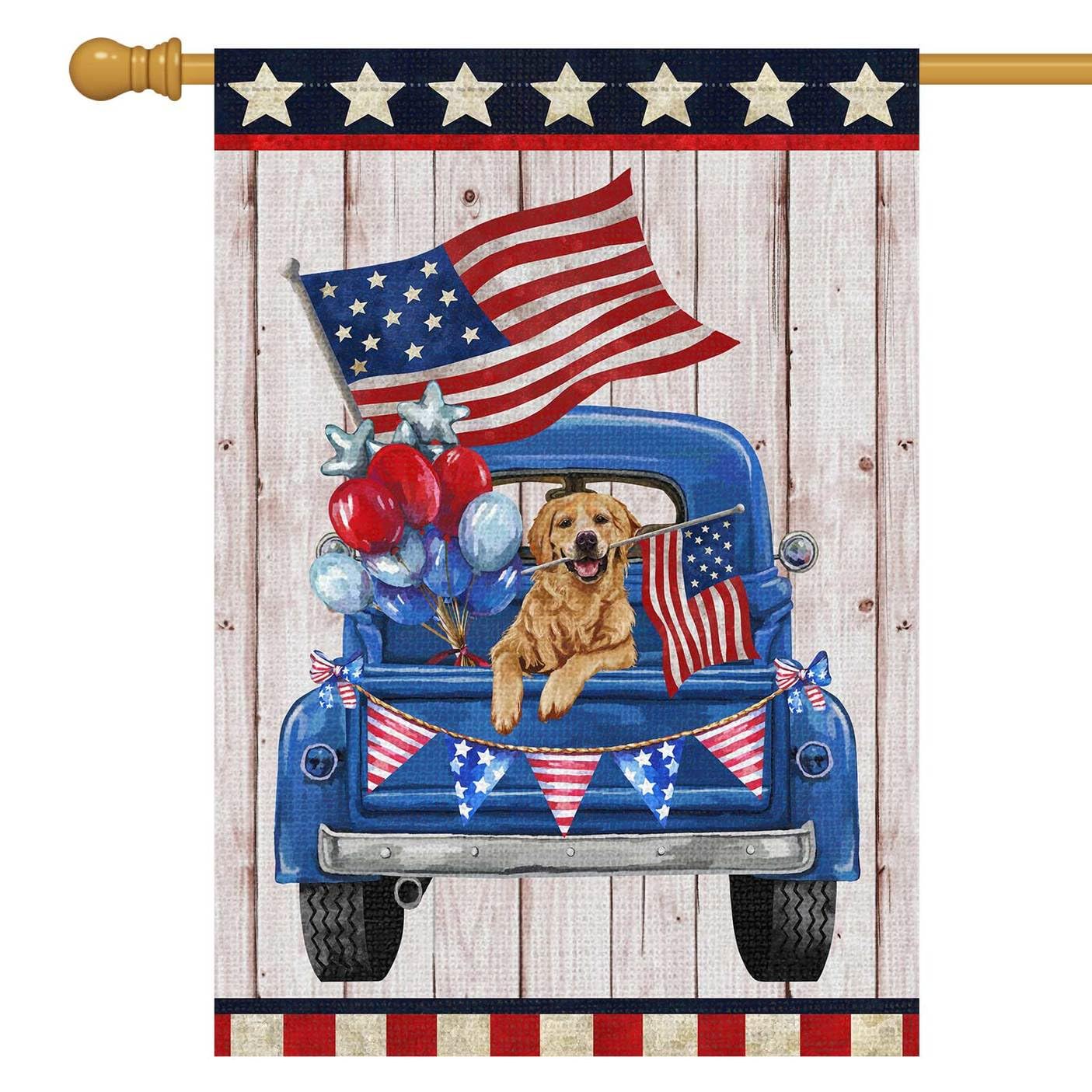 Photo 1 of Louise Maelys 4th of July Garden Flag 28x40 Double Sided, Large Burlap Truck Golden Retriever Dog Welcome Patriotic Garden Yard House FLags for Memorial Day Independence Day Outdoor Decor (ONLY FLAG)