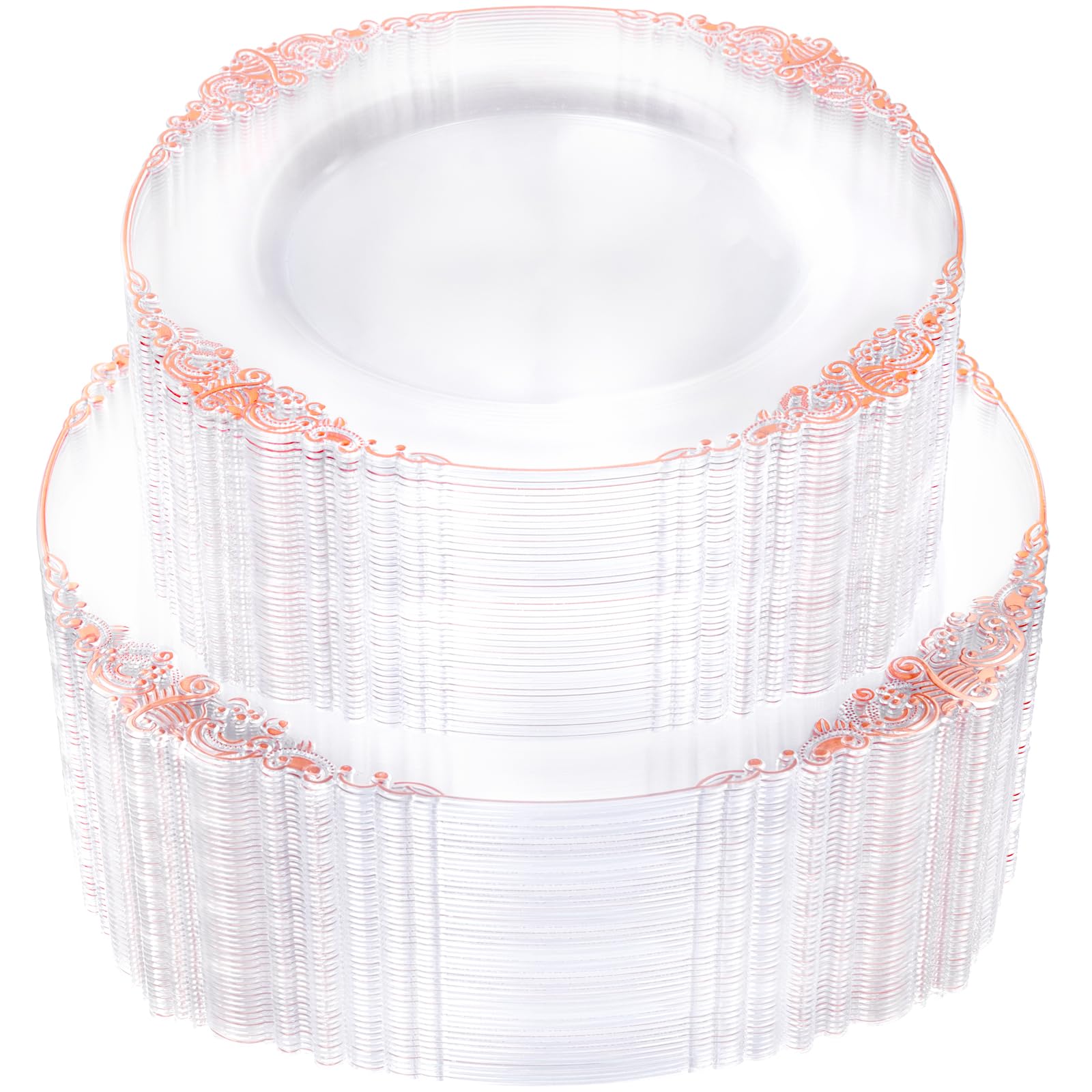 Photo 1 of Joyido 102PCS Rose Gold Plastic Plates - Clear Rose Gold Plate - Heavy Duty Disposable Plates - Fancy Disposable Dinner & Dessert Plate for 51 Guests for Party & Wedding