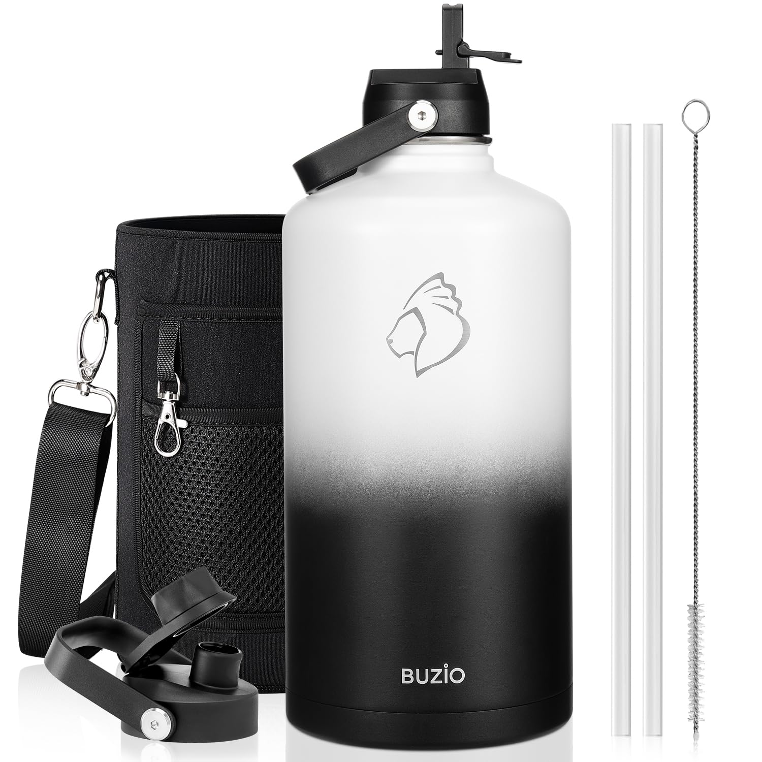 Photo 1 of BUZIO 1 Gallon Water Bottle, 128oz Insulated Water Jug Double Walled Vacuum Stainless Steel Travel Flask (Cold for 48 Hrs), Leak Proof BPA-Free Large Canteen with Straw Lid, Black White