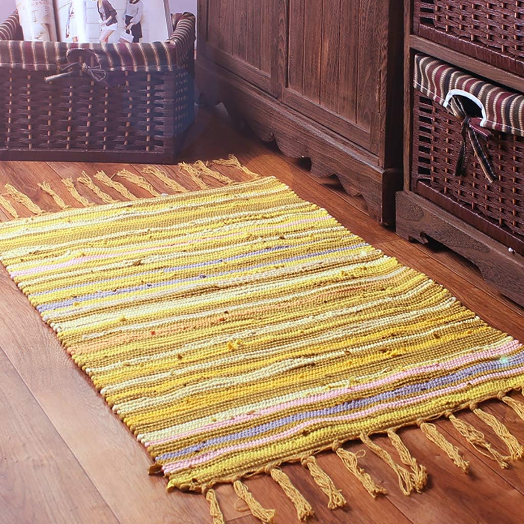 LoveGlass Hand Woven Recycled Cotton Area Rug,chindi Braid Rag Rug Colorful Washable Reversible Living Room Rug Bohemian Entryway Kitchen Rug Yellow 60x90cm(24x35inch)