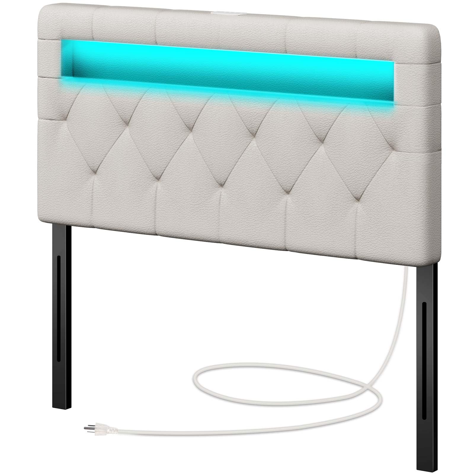 GREENSTELL Headboard for Twin Size Bed with 60,000 DIY Color of LED Light, USB & Type C Post, Attach Frame, Height Adjustable, White Leather Wall Mounted Head Boards Only, Sturdy & Stable, Twin Image