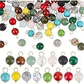PH PandaHall Mixed Gemstone Pendants Round Gemstone Charms, Natural Synthetic Stone Pendants with Loops for Jewelry Making