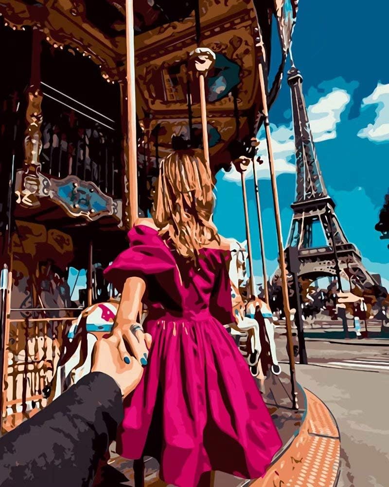 DIY Oil Painting Paint by Number Kit for Adults Kids Drawing with Brushes Paint, Suitable for All Skill Levels 40x50cm - Park Eiffel Tower Girl Love Back
