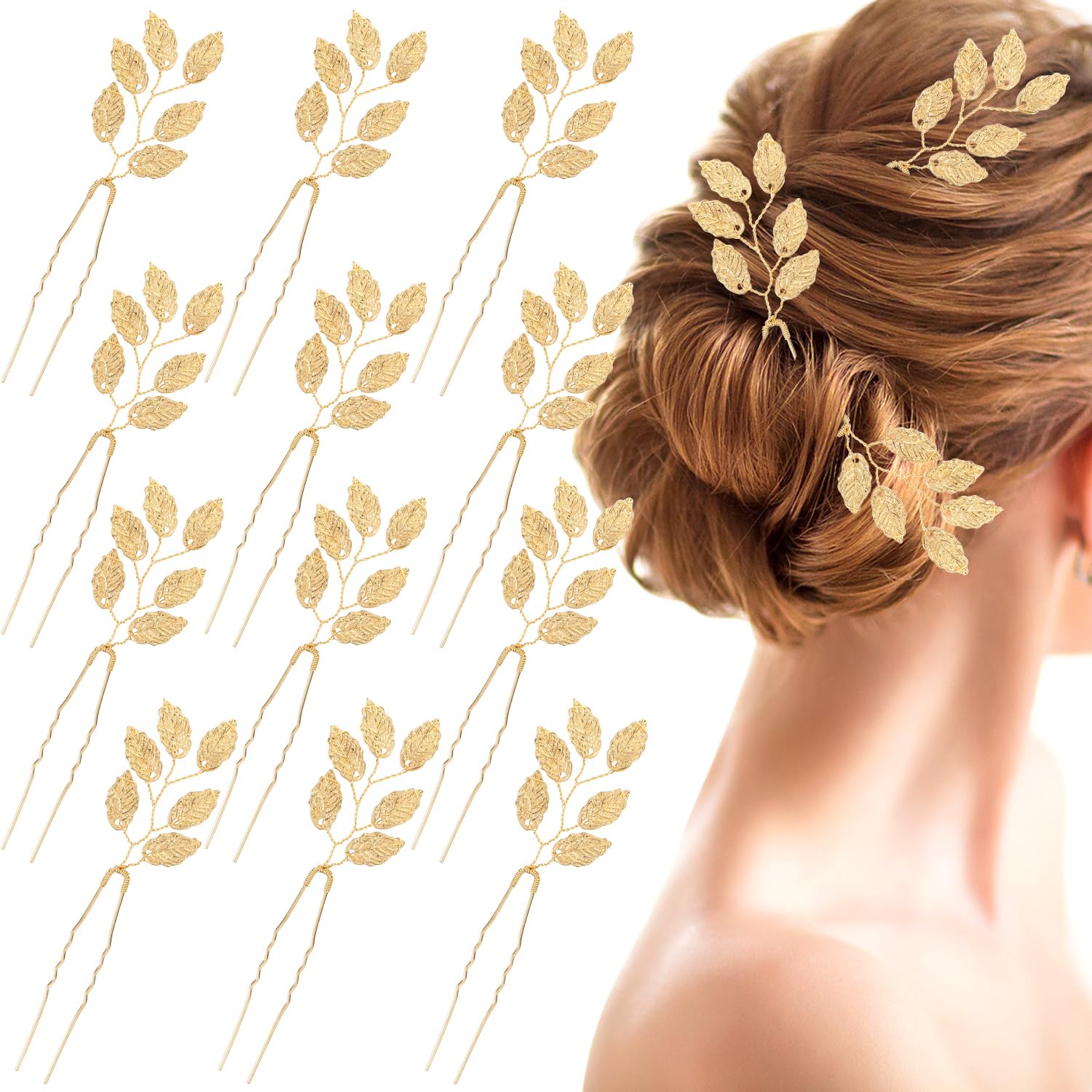 Gold Metal Leaf Hair Pins，UHOMENY 12pcs Bridal Wedding Party Prom U-Shaped Metal Leaf Hairpins Clips Hair Accessories Headpieces for Bride Bridesmaids Women Girls