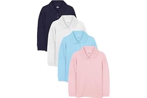 Cooraby 4 Pieces Girls' Long Sleeve Polo Shirt School Uniform Interlock Polo Shirt with Picot Collar, Button Closure
