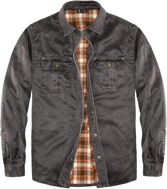 Mens Flannel Lined Shirt Jacket,Heavy Washed Durable Cotton Shirt