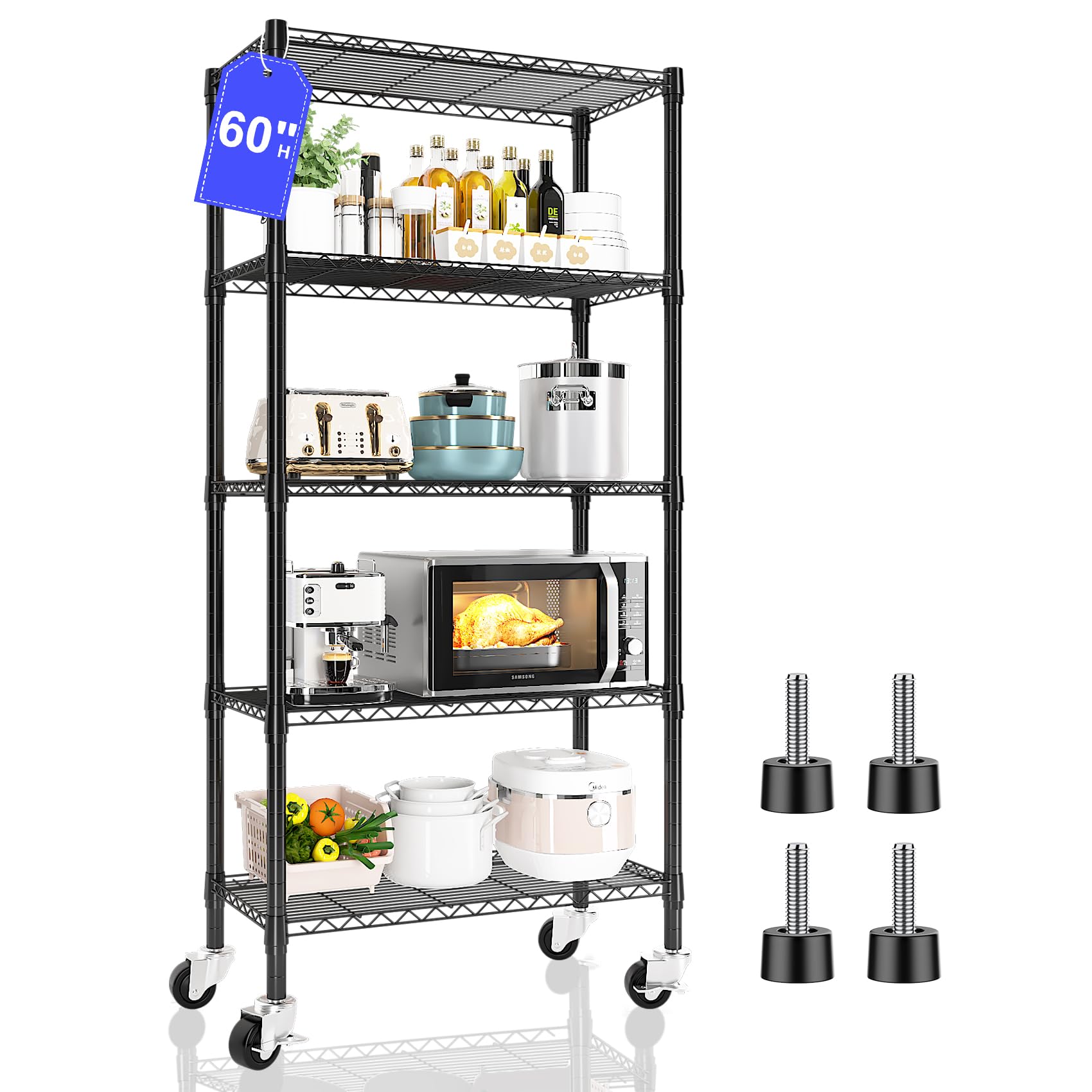 Photo 1 of Homtell 5 Tier Shelving Unit Wire Rack, Heavy Duty Adjustable Shelf Rolling Storage Shelves with Wheels, 14" D x 30" W x 60" H 750 lbs Capacity Kitchen Garage Pantry Shelves for Small Spaces