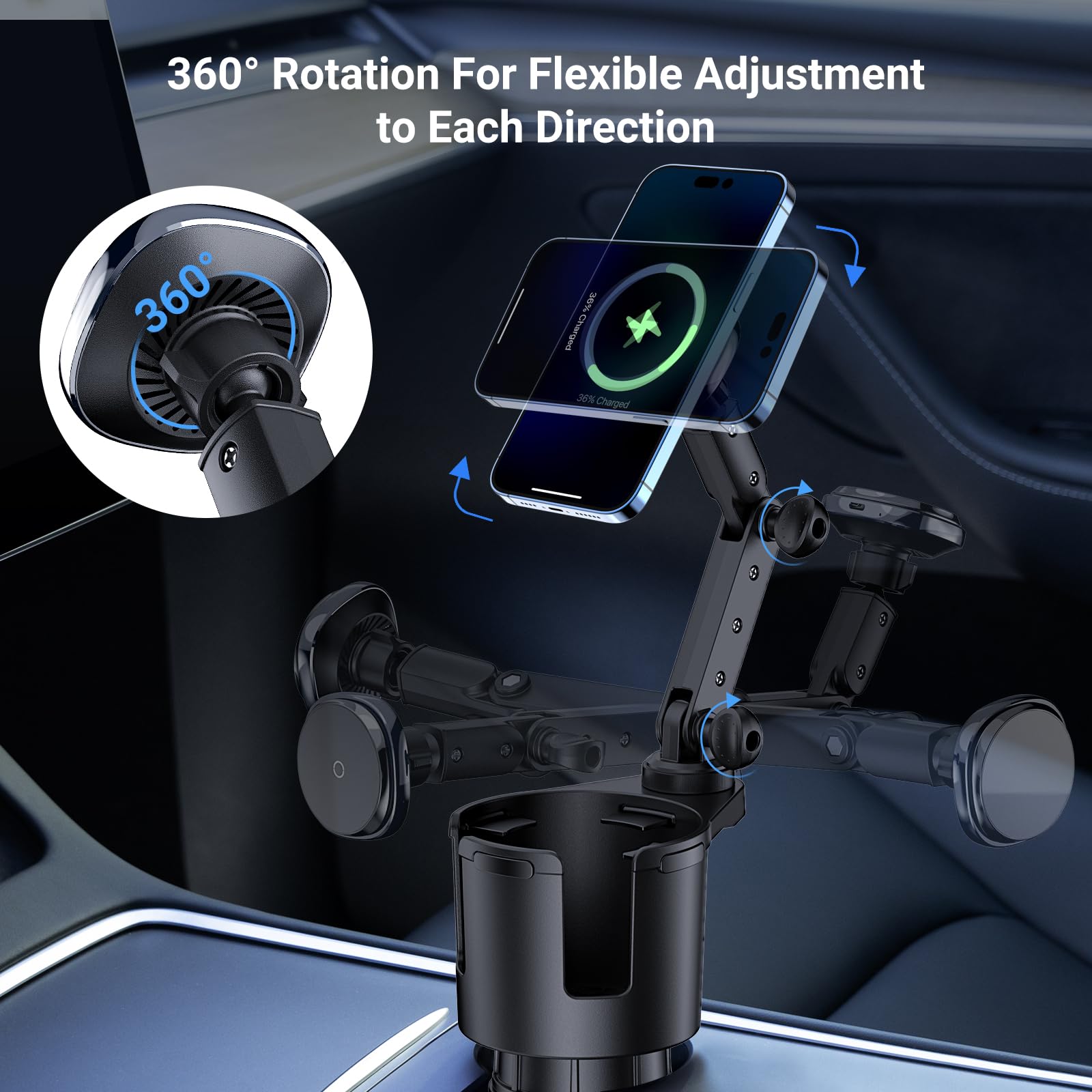 This Hill for Magnetic Cup Holder Charger, 360° Rotating Wireless Magnetic Car Charger, Fast Charging Phone Holder for iPhone 16 15 14 13 12 and Samsung Galaxy S20 Above Series [with QC 3.0 Adapter]