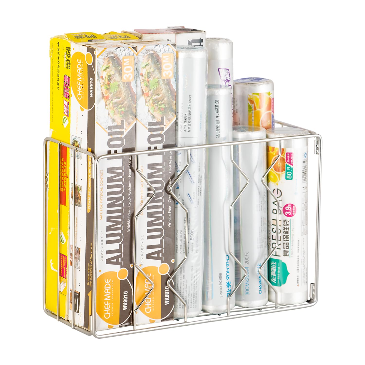 YQh Stainless Steel Kitchen Wrap Organizer Rack, Mounts to Solid Cabinet Doors or Walls, Tall Basket Door Mount Cabinet Organizer, 11.9 X 4.4 X 8.2 inches