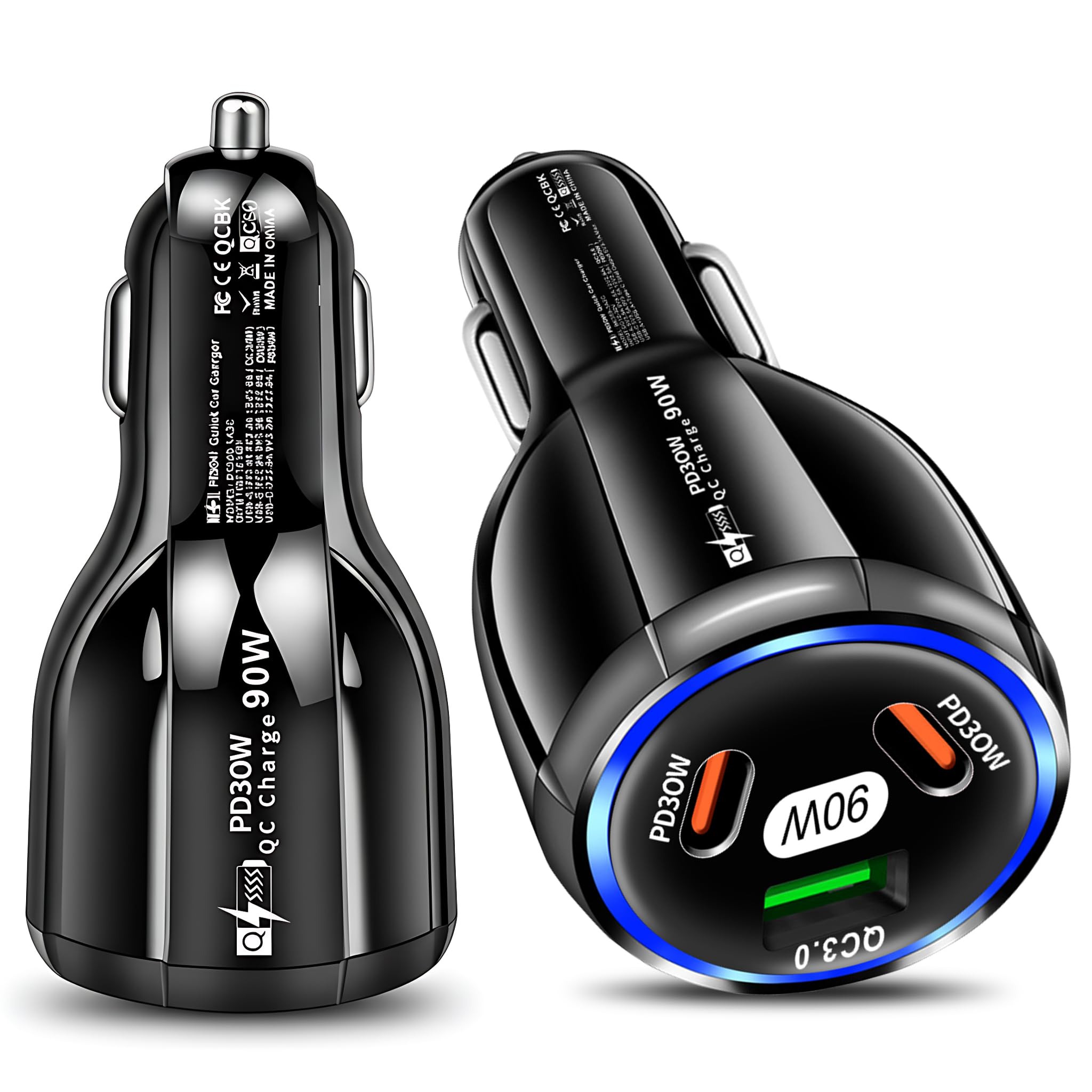 GVTECH 90W USB C Car Charger, Fast Charging, 3-Port Car Adapter with 2 PD 30W and QC 3.0 Quick Charger, Compatible with iPhone 17/16/15/14/13/12 Pro MAX, iPad Pro/Air, Galaxy S25/S24/S23